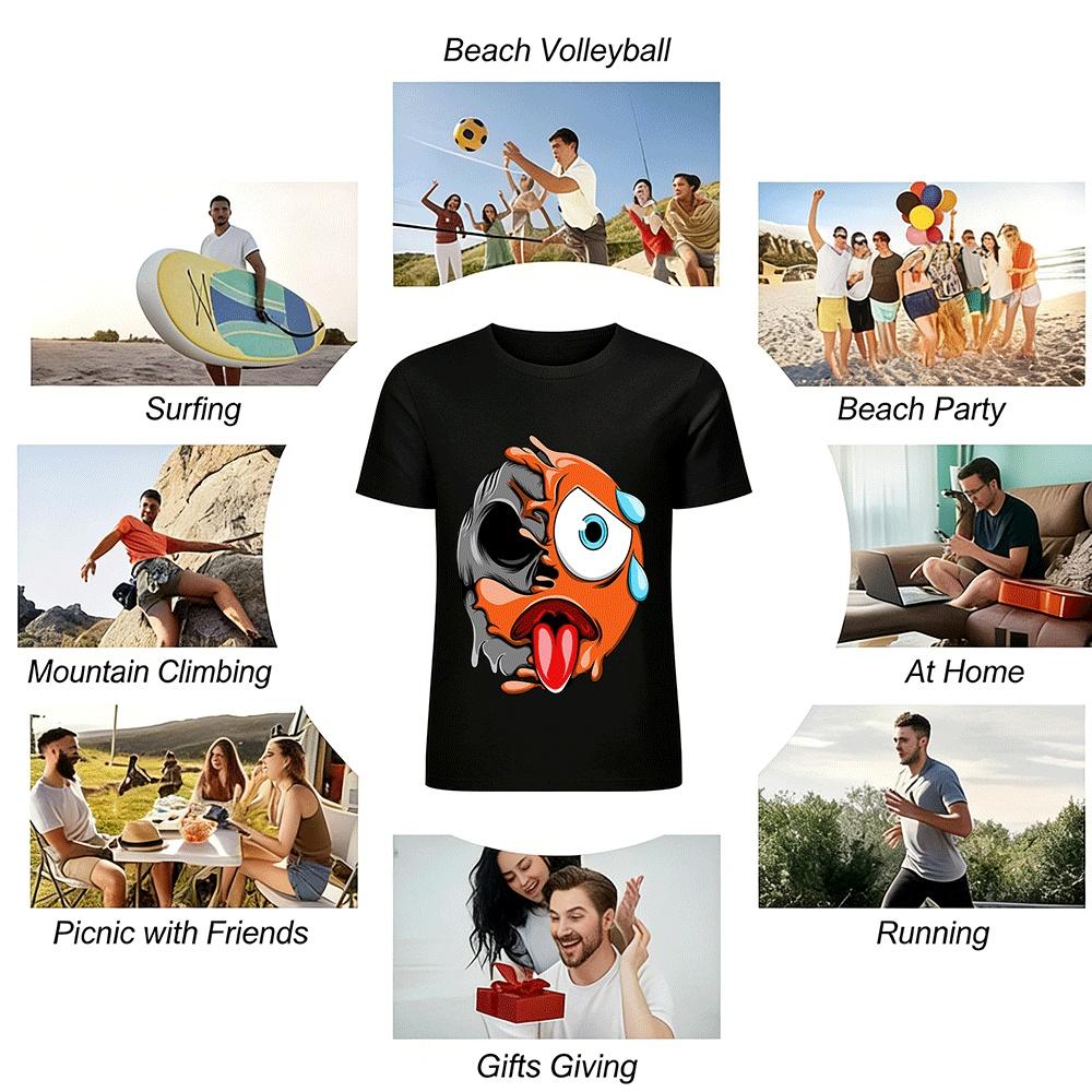 Melting Half Skull Emoji Print Cool Casual Short Sleeve T-Shirt Pure cotton T-shirt