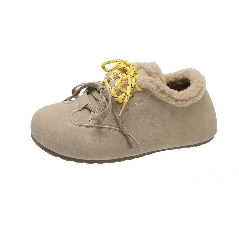 Winter New Flat Shoes Women's Round Head Suede Front Lacing Soft Sole Anti-slip Wear-resistant Short Boots