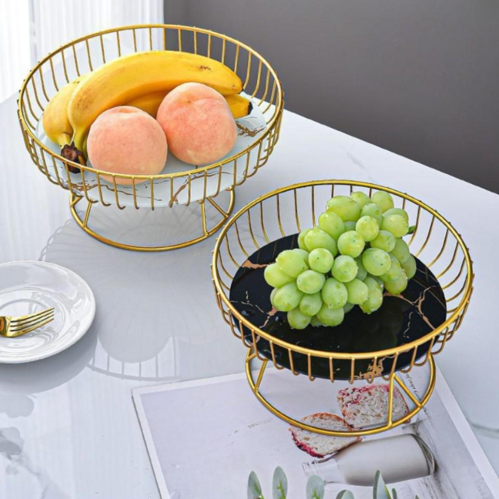 Wire Fruit Basket with Glass Tray Marble-Style Elevated Pedestal