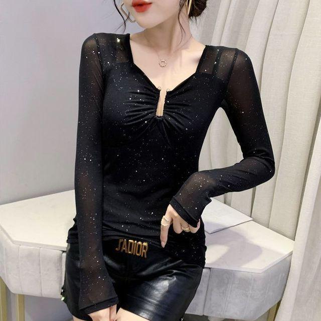 

Жіноча весна-осінь нова футболка з V-подібним вирізом модна однотонна сітчаста сорочка з довгим рукавом S-4XL 4XL чорний