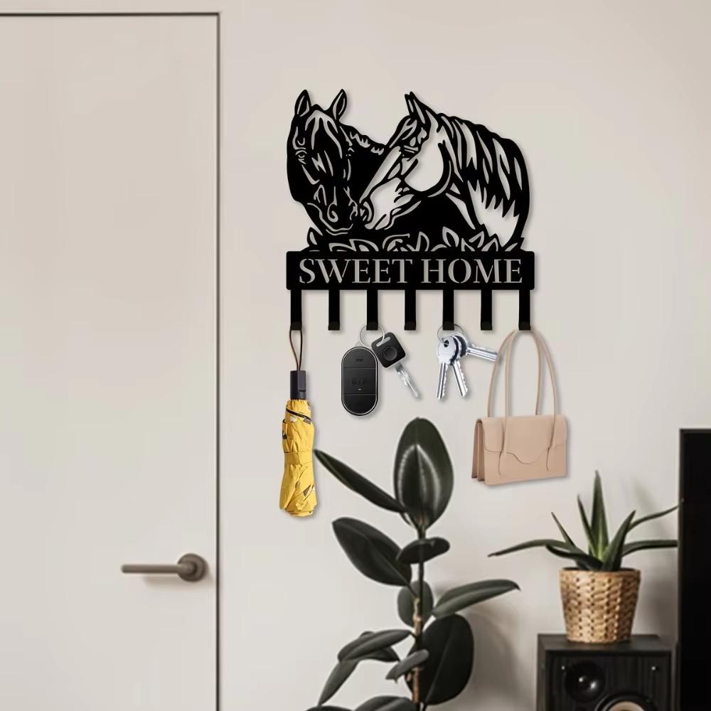 1pc, Wall Two Horse Head Metal Key Hanger, Multi-Purpose Clothes Bag Key Hook, Decorative Living Room Wall Hook, Metal Wall