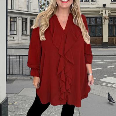 Camicia da Donna Scollo a V Manica Lunga con Volant Camicia Casual Tinta Unita Casual Vestibilità Ampia Top Blusa in Chiffon Abbigliamento Quotidiano