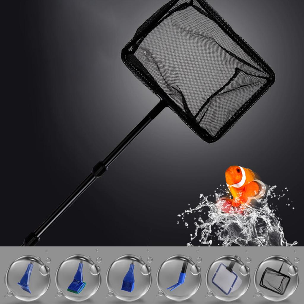 6 In 1 Fish Tank Cleaning Tool Algae Cleaning Tool with Gravel Rake Brush Fish Net Scraper Fish Tank Telescopic Long