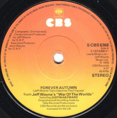 7inch Record JEFF WAYNE, JUSTIN HAYWARD - Forever Autumn (From "War Of The Wo SCBS6368 CBS 1978 UK Rock Used