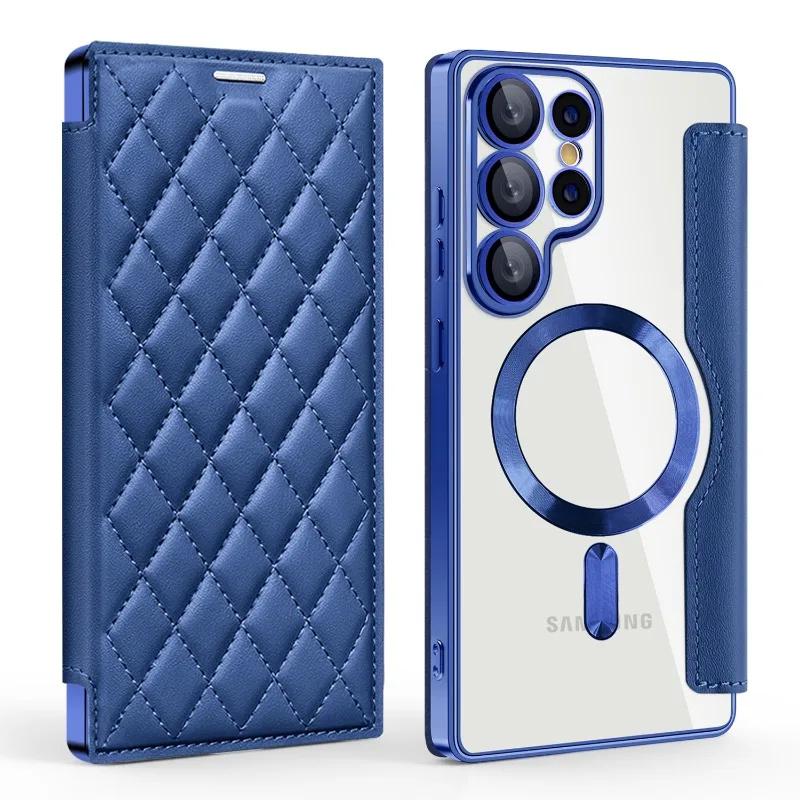 Luxury PU Leather Electroplate Magnetic Card Holder Phone Case for S22 S24 Ultra S25 Plus FE Transparent Shockproof Back