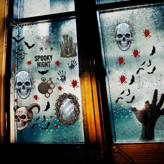 And Skull Cling Halloween Electrostatic Glass Stickers, Demon Blood Handprints Bats Scary Window Pattern Clings, Spooky Stickers for Doors Mirrors