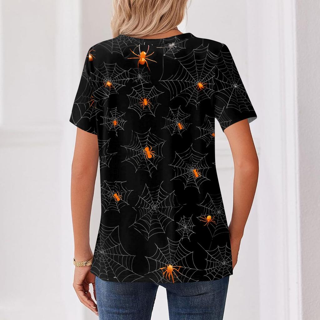 Women's Casual V Neck Short Sleeve Button T Shirt Halloween Spider Web Print Lightweight Top for Everyday Wear and Seasonal Occasions