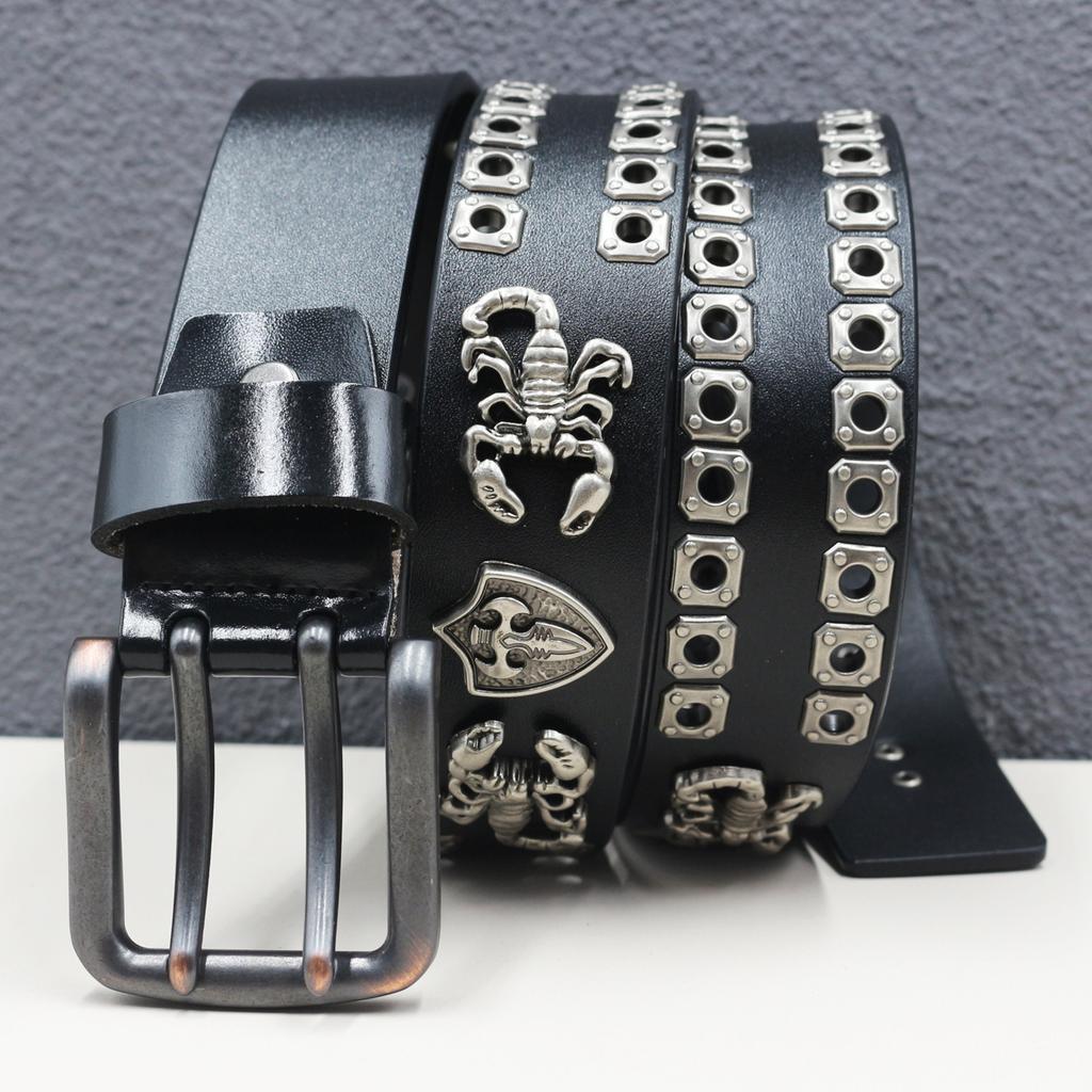 Genuine Leather Double-needle Scorpion Accessories Personalized Hollow Rivet Cowhide Belt Western American Rivet Belt