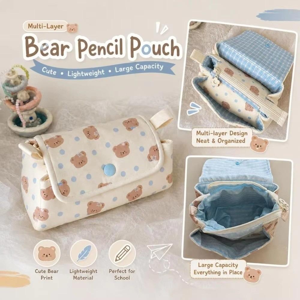 Bear Printed Pencil Pouch Multi-Layer Pencil Case Stationery Bag School Supplies