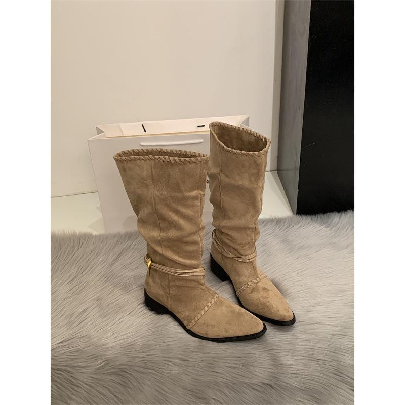 Heel Pointed Pleated Straps Stacking Boots 2025 New Retro Suede Flanged Metal Buckle Strap Boots High Boots