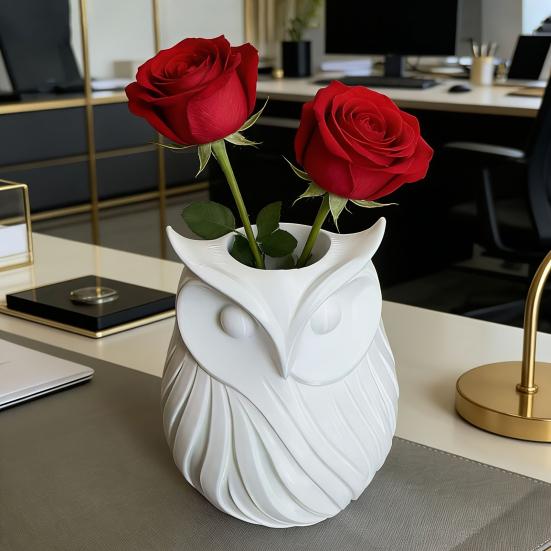 3D Printed Owl Pen Holder, 2 In 1 Flower Vase Desk Organizer, Cute Plastic Makeup Brush Holder, Home Office Decor