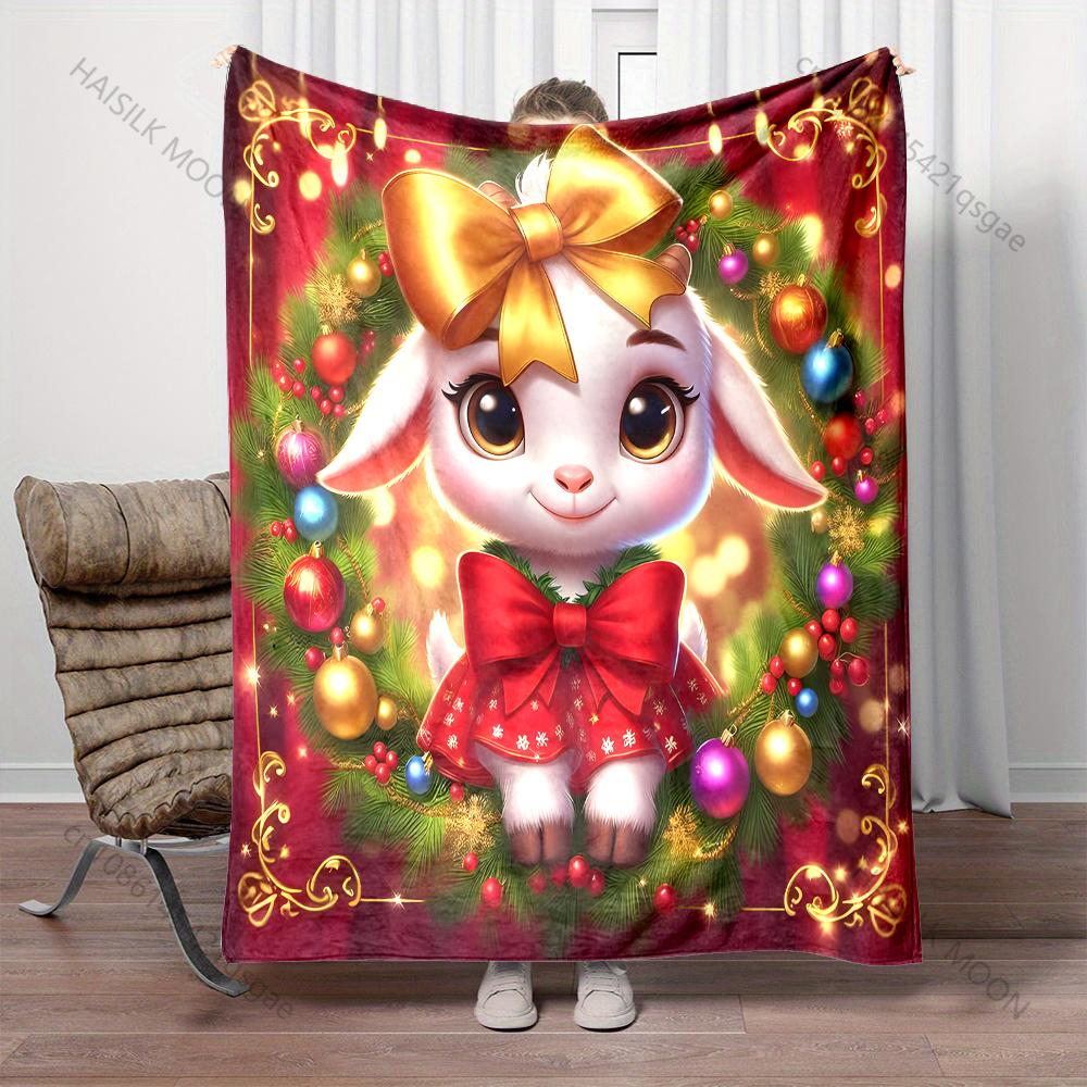 Festive Wreath with Golden Accents Pattern Blanket Flannel Material Soft Warm for All Seasons, Home Outdoor Camping Picnics RV