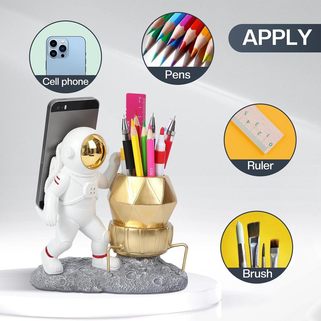 Astronaut Pen Pencil Holder with Phone Stand Resin Spaceman Pencil Holder Desk Pen Holder Organizer Decorative Accessories Suitable Office Classroom