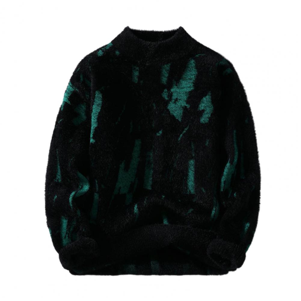 Men Winter Sweater Contrast Color Graffiti Thick Plush Half-high Collar Elastic Knit Long Sleeves Daily Wear School Dating Sweat