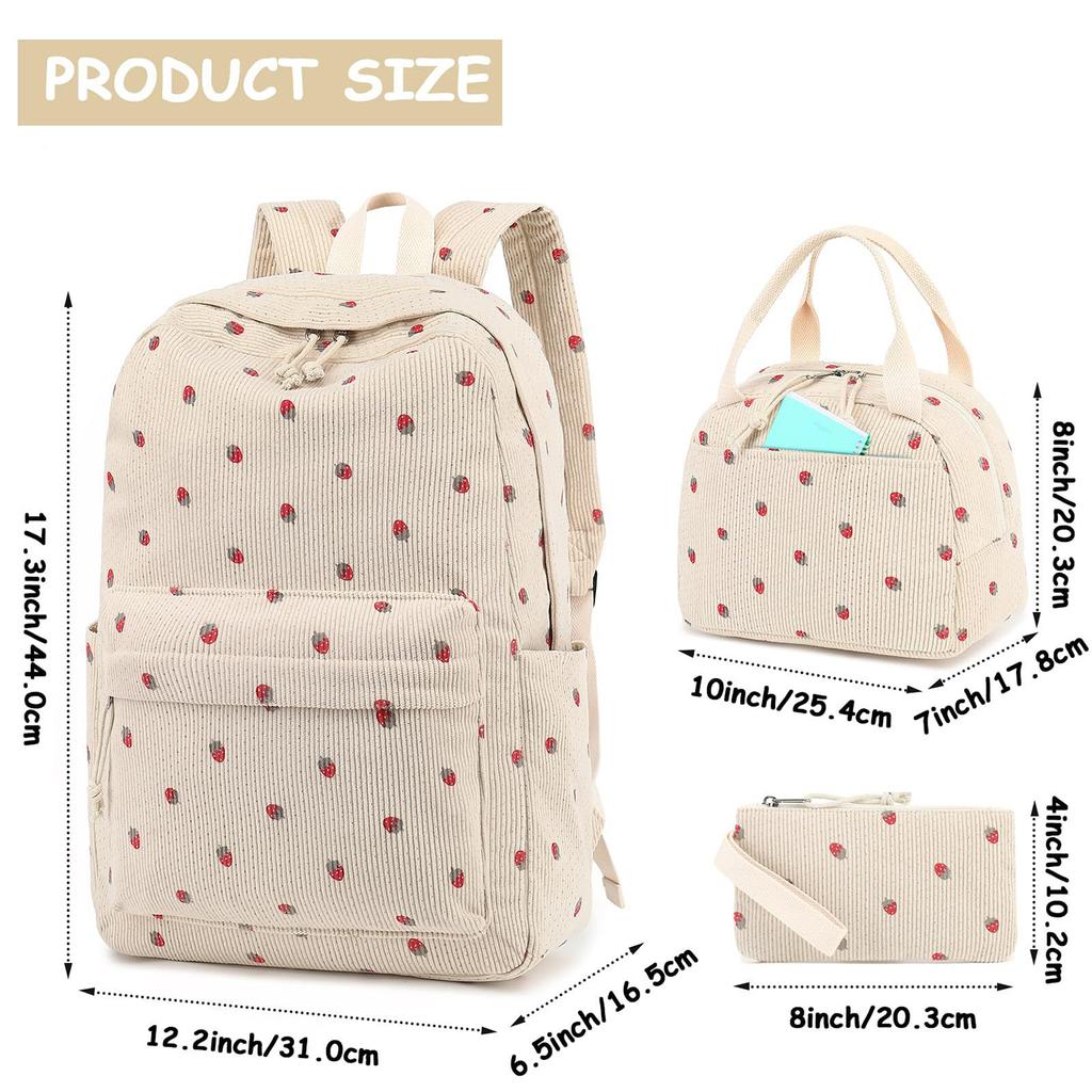 3 Pieces Corduroy Backpack Set – Lightweight Korean-Style School Bag with Tote & Wallet for Girls