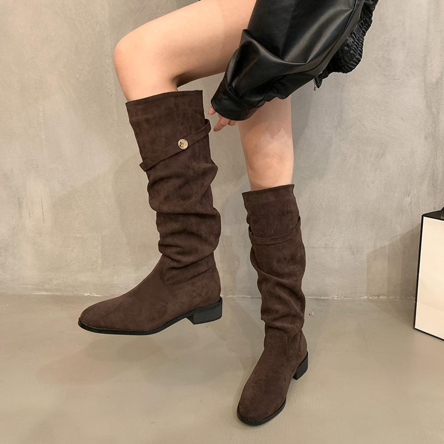 Cizme de cowboy înalte până la genunchi pentru femei cu vârf rotund, toc bloc gros, lat, vițel, cizme moale, anti-alunecare, din piele întoarsă artificială, cizme occidentale pentru femei