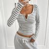 Womens Slim Fit Long Sleeve T-Shirt With Striped Contrast Button Detail V-Neck Casual Top Early