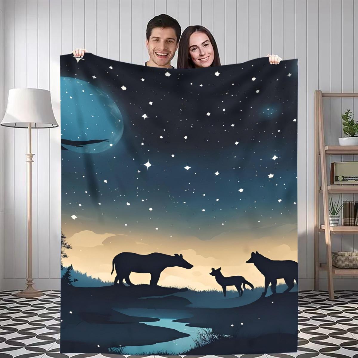 1pc Animals Under the Night Sky Digital Printed Design Blanket - Soft Flannel All-Season Throw with Moon, Stars & Silhouette 75x90cm28x35in