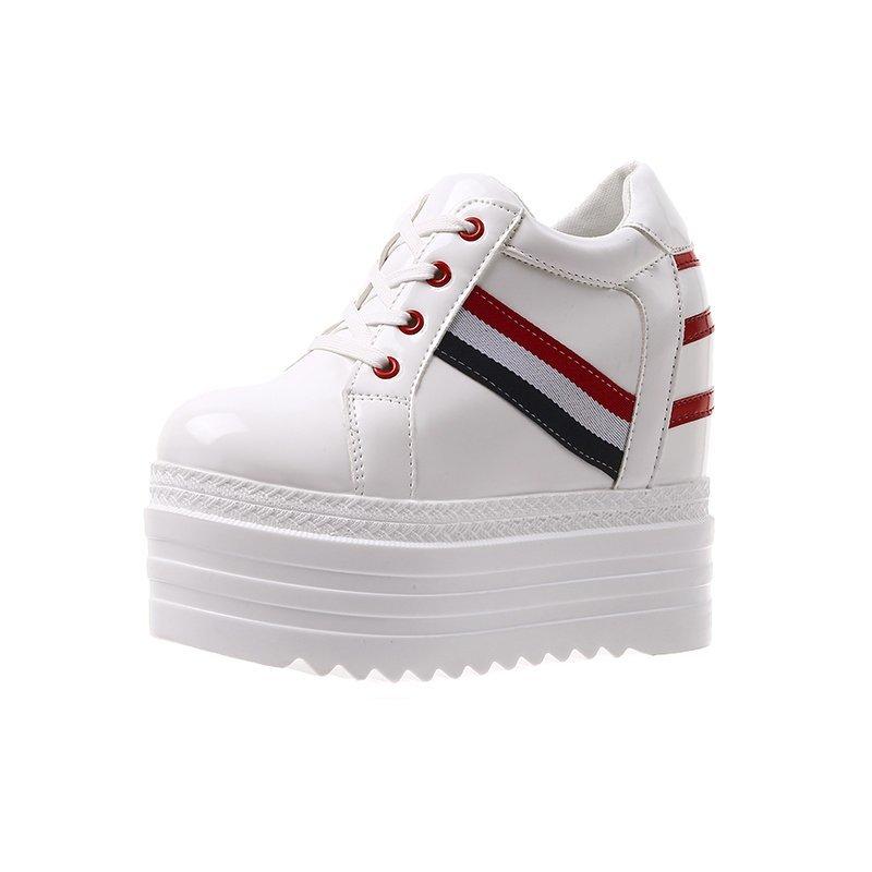 12CM Damen Leder Plateau Sneaker Frühling Weiße Schuhe Hohe Absätze Keil Outdoor Sportschuhe Atmungsaktiv Runde Zehenpartie Freizeitschuhe