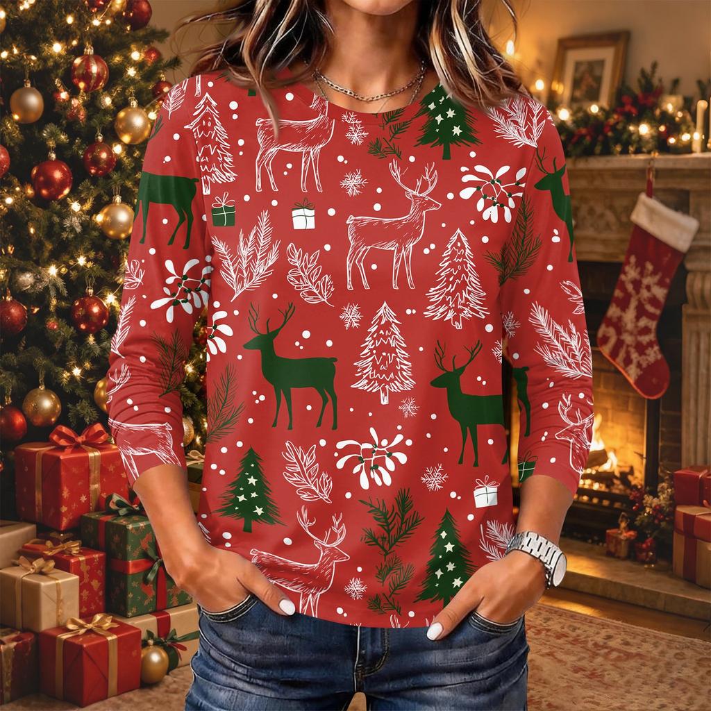 Women's Christmas Print Long Sleeve Neck Pullover Top