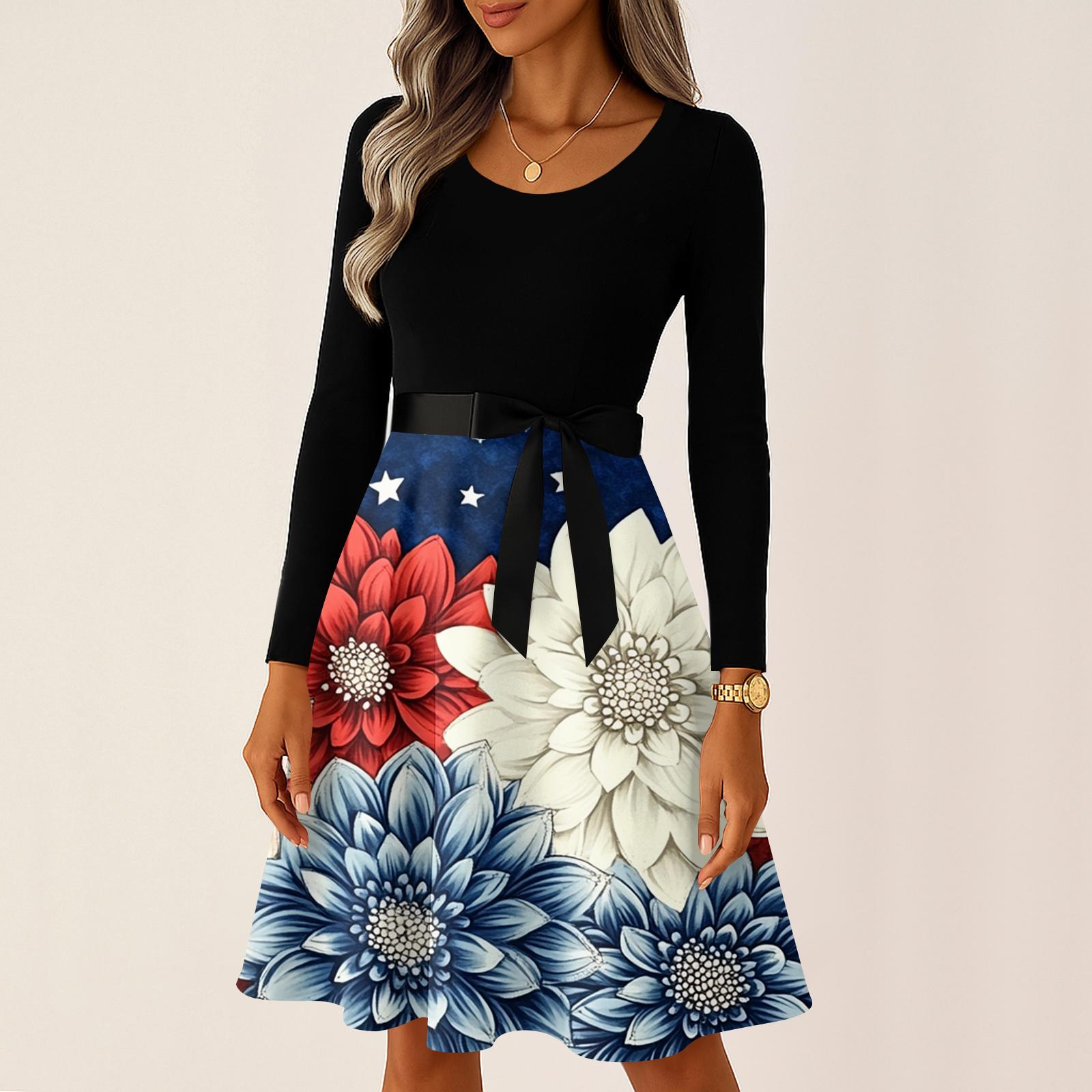 

Ladies Casual And Fashionable Round Neck Long Sleeved Retro Independent Day Print Retro Dress XXXXXL