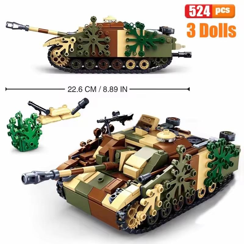 524Pcs WW2 0858 Armored Fighting Tank Model Building Blocks Military Army Series UK US Style Children's Toy Bricks Birthday Gift