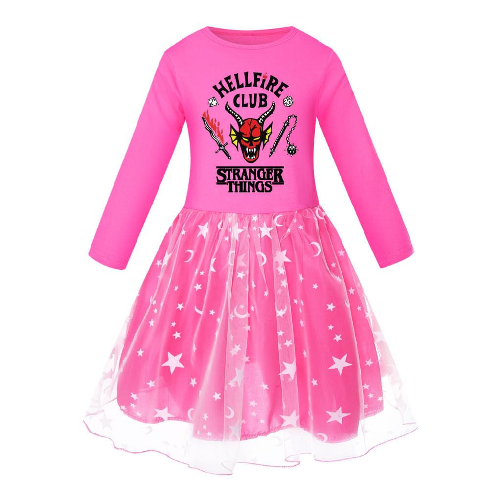 5253 Kids Girls Stranger Print Mesh Rainbow Round Neck Casual Casual Cotton Dress