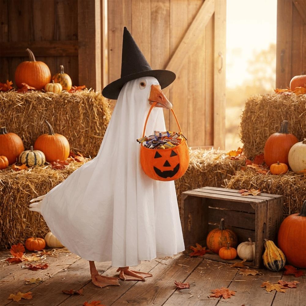 With Pumpkin Basket Porch Goose Halloween Outfit Witch Hat Goose Spooky Ghost Cloak  Porch Decor