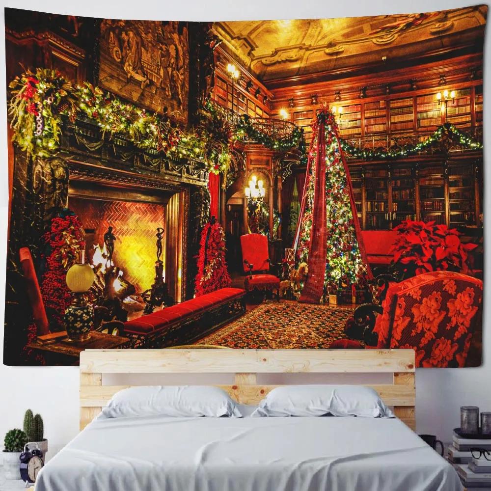 Christmas Scene Tapestry Wall Hanging Christmas Tree Fireplace Santa Claus Home Decoration Bohemian Hippie Printed Cloth