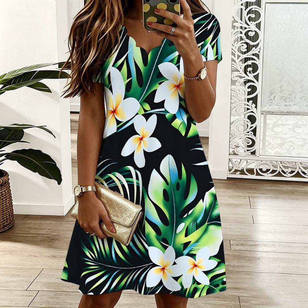 Women V Neck Vivid Blossom Printed Plus Size Summer Short Sleeve Loose Dress