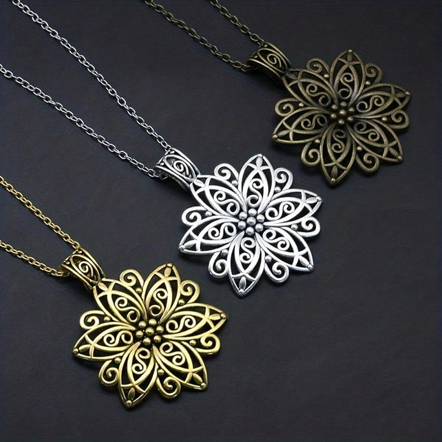 Hollow Big Flower Pendant Necklace Sweater Chain Floral Design Stylish Retro Victoriano Jewelry For Women Men Mother, Wife, Sister Accessories