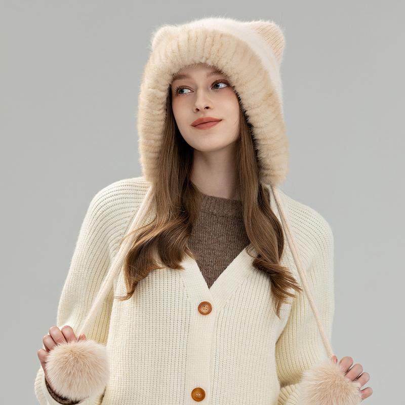 Luxury Women's Hand Knitted Adjustable Winter Beanie Mink/Fox Fur Lined Thermal Ear Protection Fashionable Functional Earmuffs