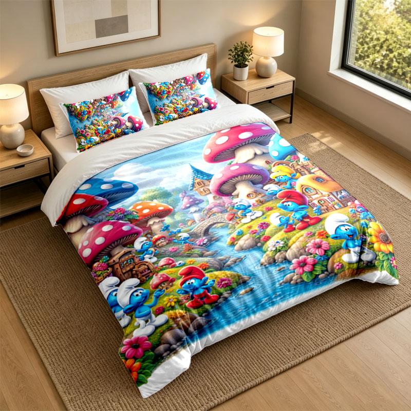 3Pcs Bedding SetSmurfs cute Soft Bed Sheet and Two Pillowcases Home Bedroom Decor
