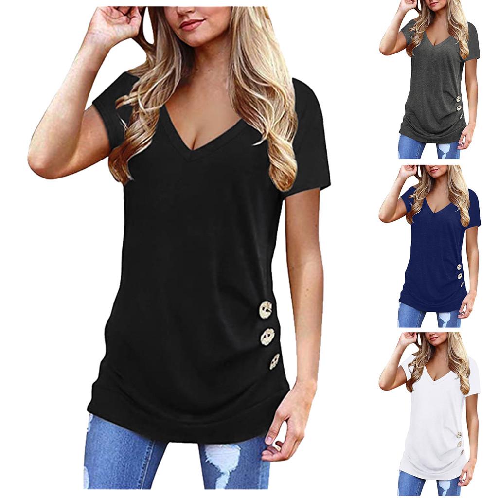 

Леди женщин моды V-Neck Короткие рукава Твердые блузки Рубашка Топы Туники