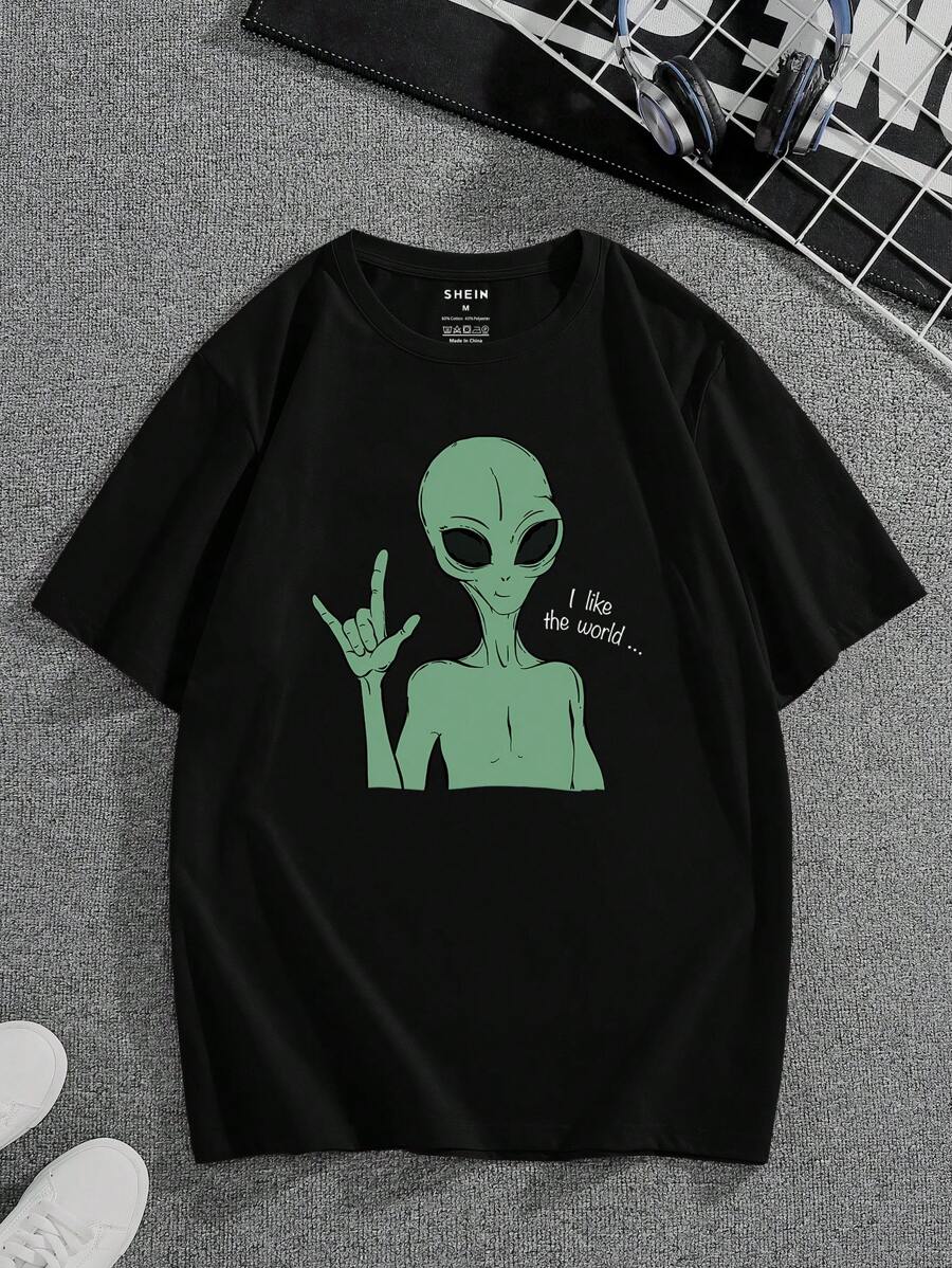 Men Cotton Graphic Tee with Alien and Slogan Design S разноцветный
