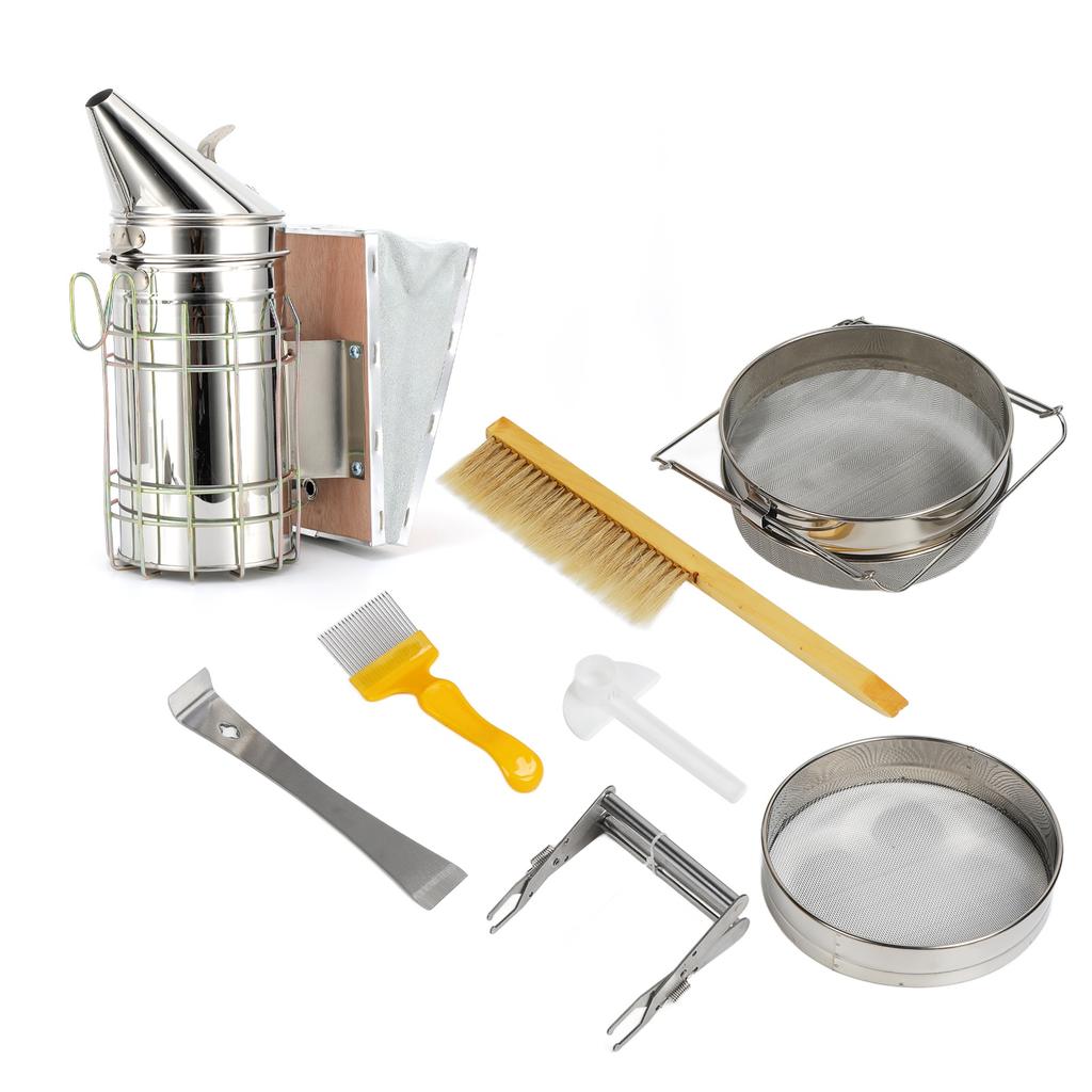 Beekeeping Starter Set Bee Brush Scraper Frame Clip Beehive Smoker Double Mesh Screen Water Feeder