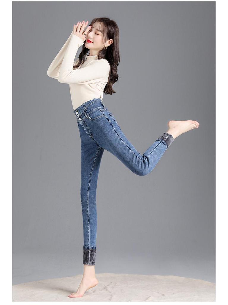 High-Waist Skinny Velvet-Lined Jeans - Women's Casual Japanese Korean Style, Autumn/Winter 2025.