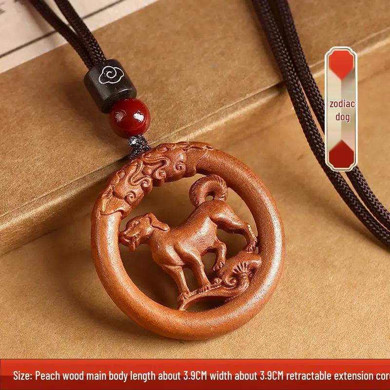Peach Wood Zodiac Keychains: Year of the Dragon Pendant with Rat, Ox, Tiger Carvings - Carry-on Ornament Gift