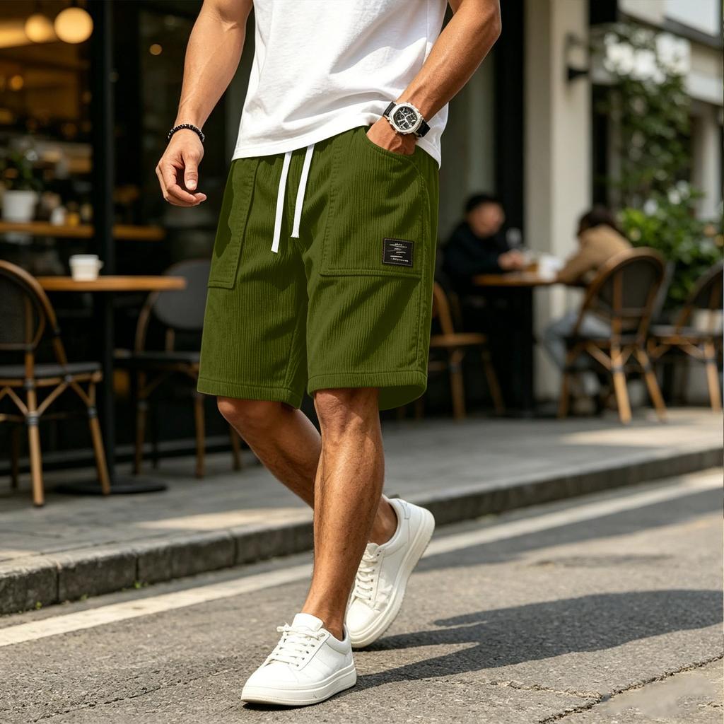Men's Casual Corduroy Drawstring Shorts with Patch Pockets and Adjustable Waistband Comfortable Fit for Everyday Wear