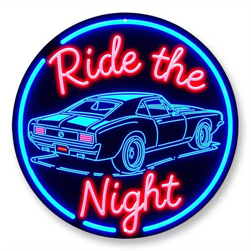 Vintage Muscle Car Neon Sign Aluminum Wall Art Night Ride Blue White Bar Cafe Beach Decor