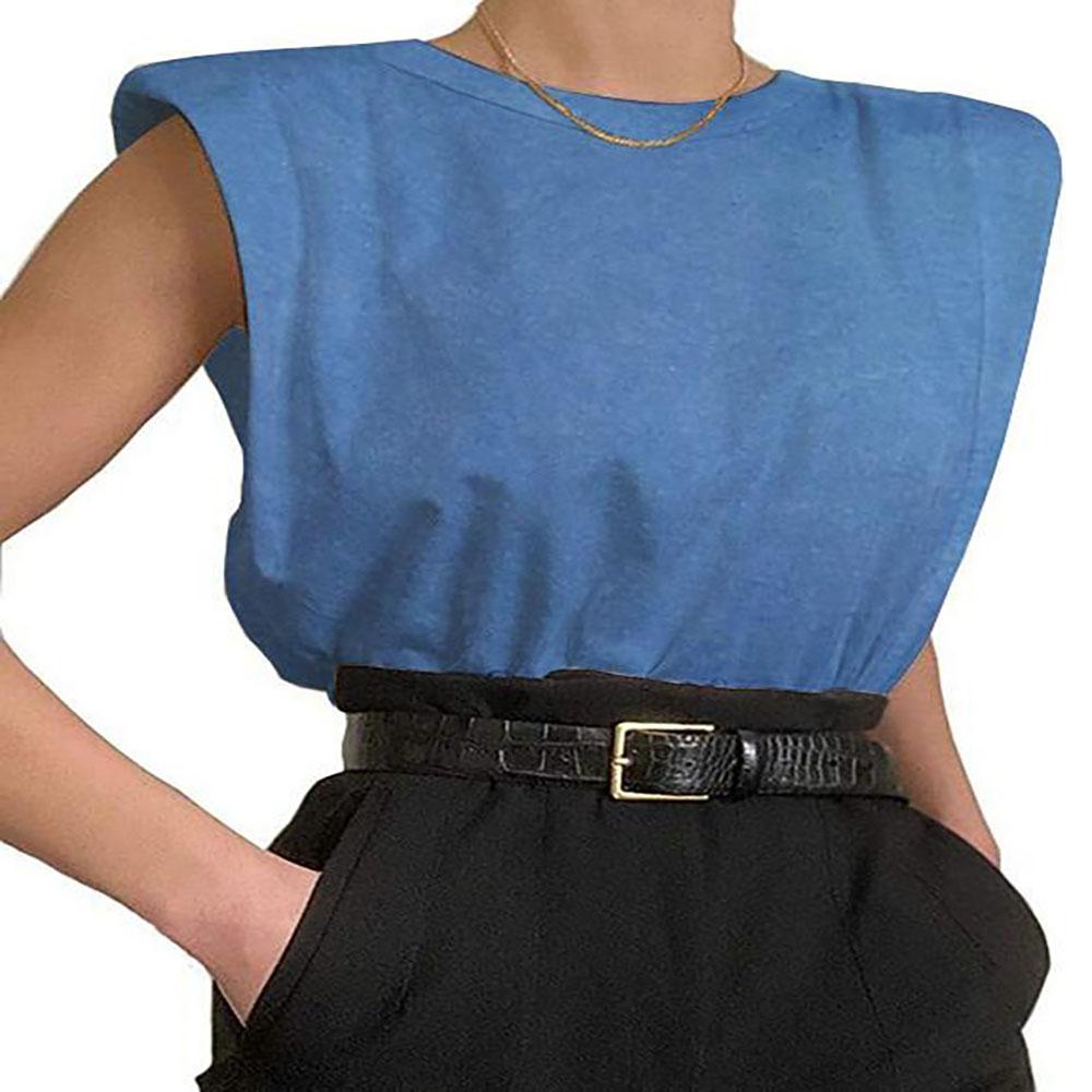 Buy Women Sleeveless Round Collar Pure Color Shoulder Pad Tops