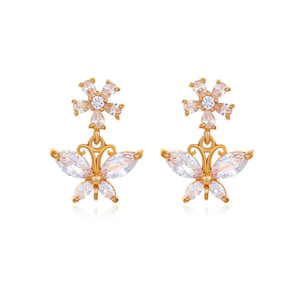 Copper Zircon Inlaid Butterfly Stud Earrings – French-Style Fashionable 3D Flower Pendant for Women