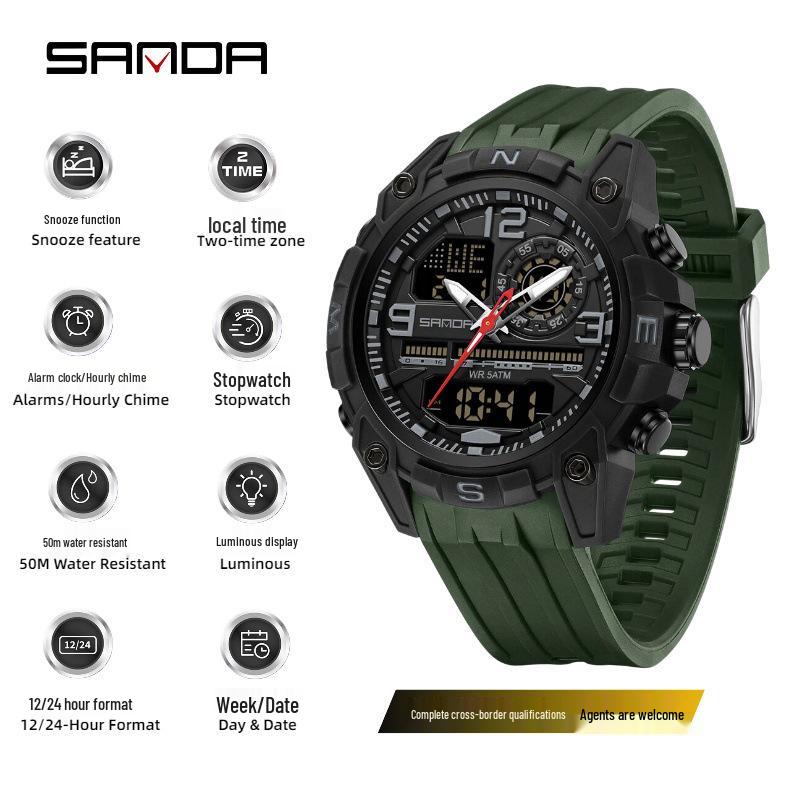 Sanda Men's Multifunctional Waterproof Sports Watch with Dual Display and Snooze Alarm