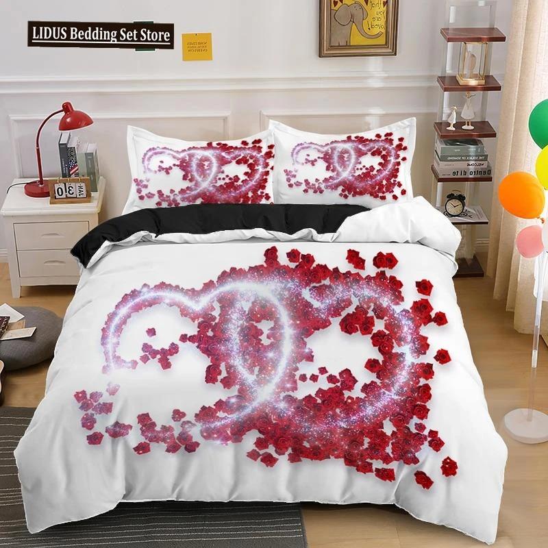 Rose Duvet Cover Collection Red And White Rose Bedding Collection For Lover Couple Polyester Comforter Cover ValentineS Day Gift King Size