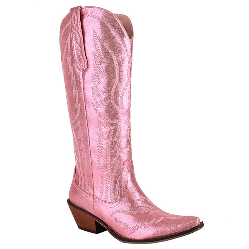 Fashion Knee High Boots Women Winter Western Cowboy Cowgirls Boot Female Black Silver Low Heels Riding Shoes Ladies Comfortable