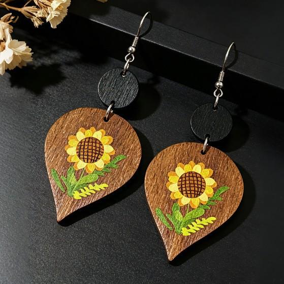 Bohemian Retro Cross Sunflower Water Drop Earrings - Ethnic Wooden Pendant Accessories