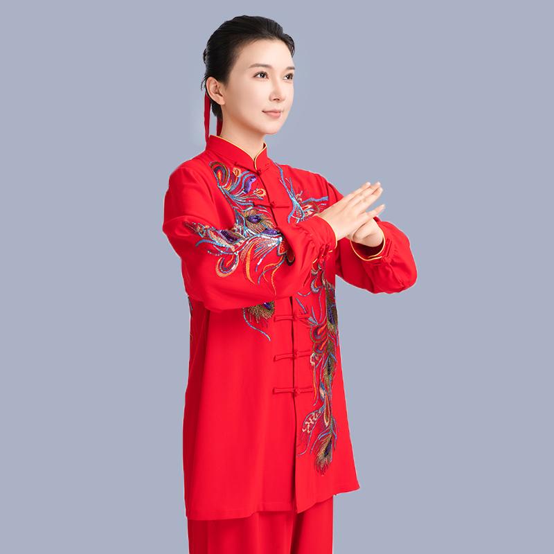 Chinese Kung Fu Tai Chi Training Exercise Suit Martial Arts Taijiquan Wushu Uniform Flower Embroidery Sequin Tops+pants Set