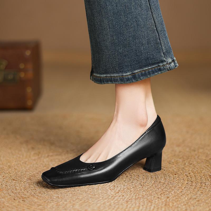 Fashion 2025 New Genuine Leather Women Pumps Shallow Women Shoes Square Toe High Heels Sliver Leather Ladies Shoes
