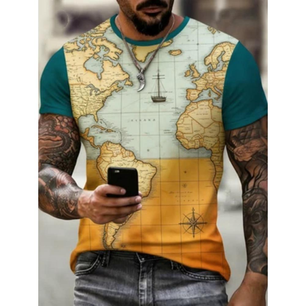 Men s Loose Fit Compass Graphic T-Shirt - Nautical Adventure Print with Ships S