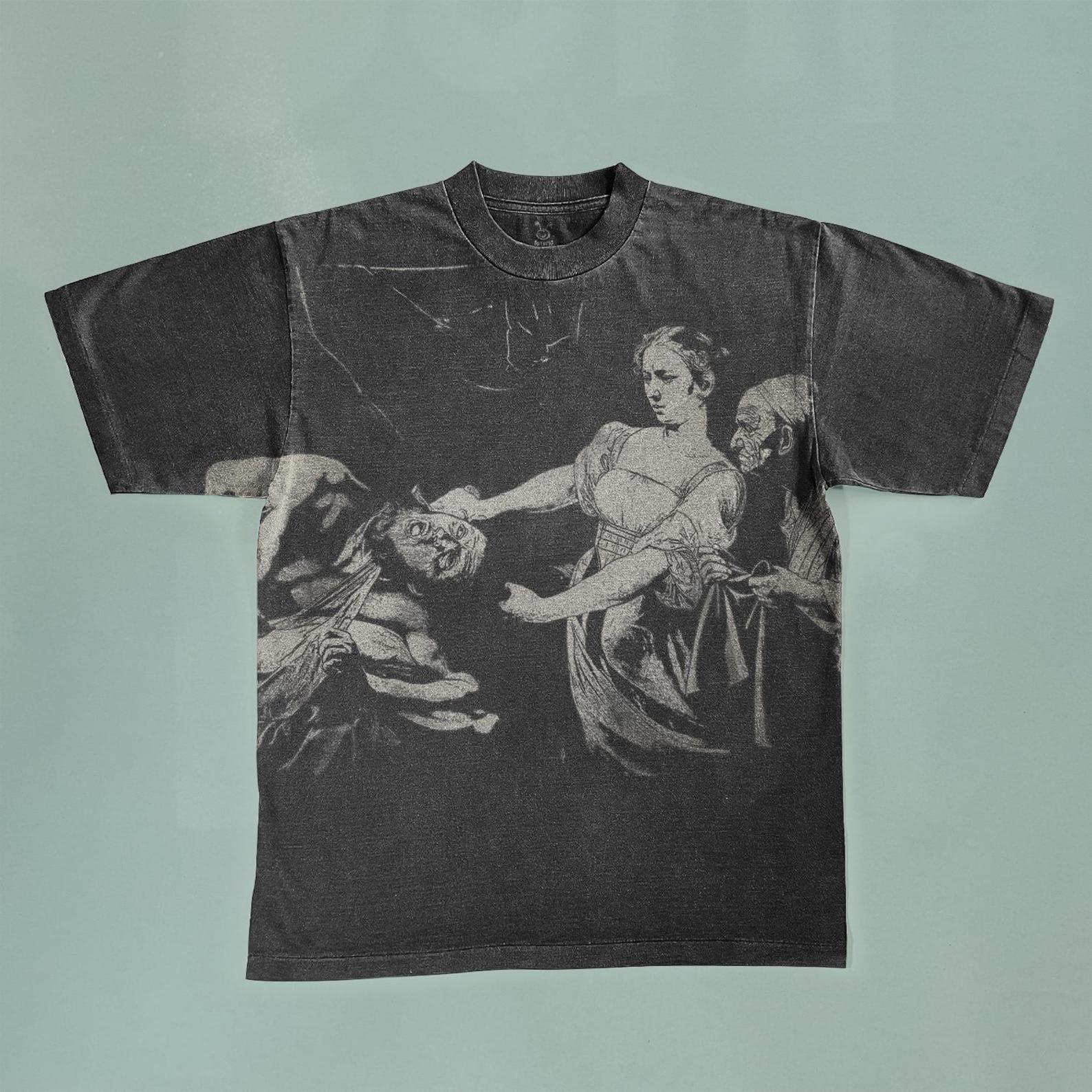 Judith Beheading Holofernes Bleached T-Shirt: Faded Black Cotton, Vintage Style S